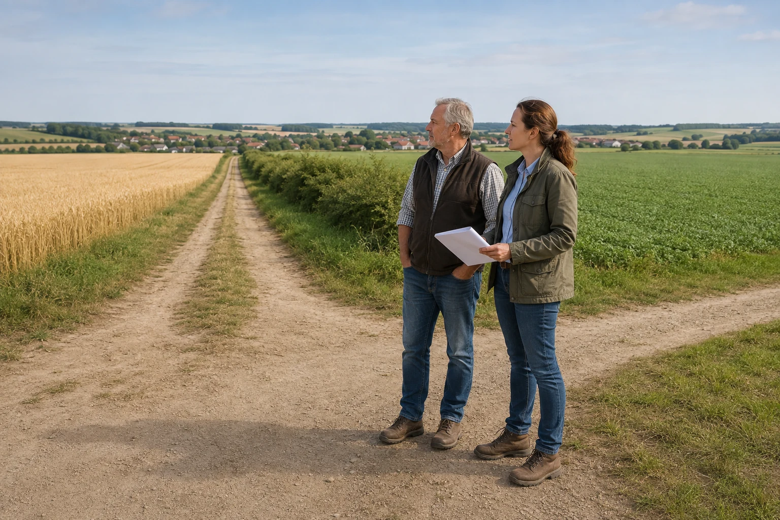 Eigentümer betrachten landwirtschaftliche Flächen an einer deutschen Feldwegkreuzung