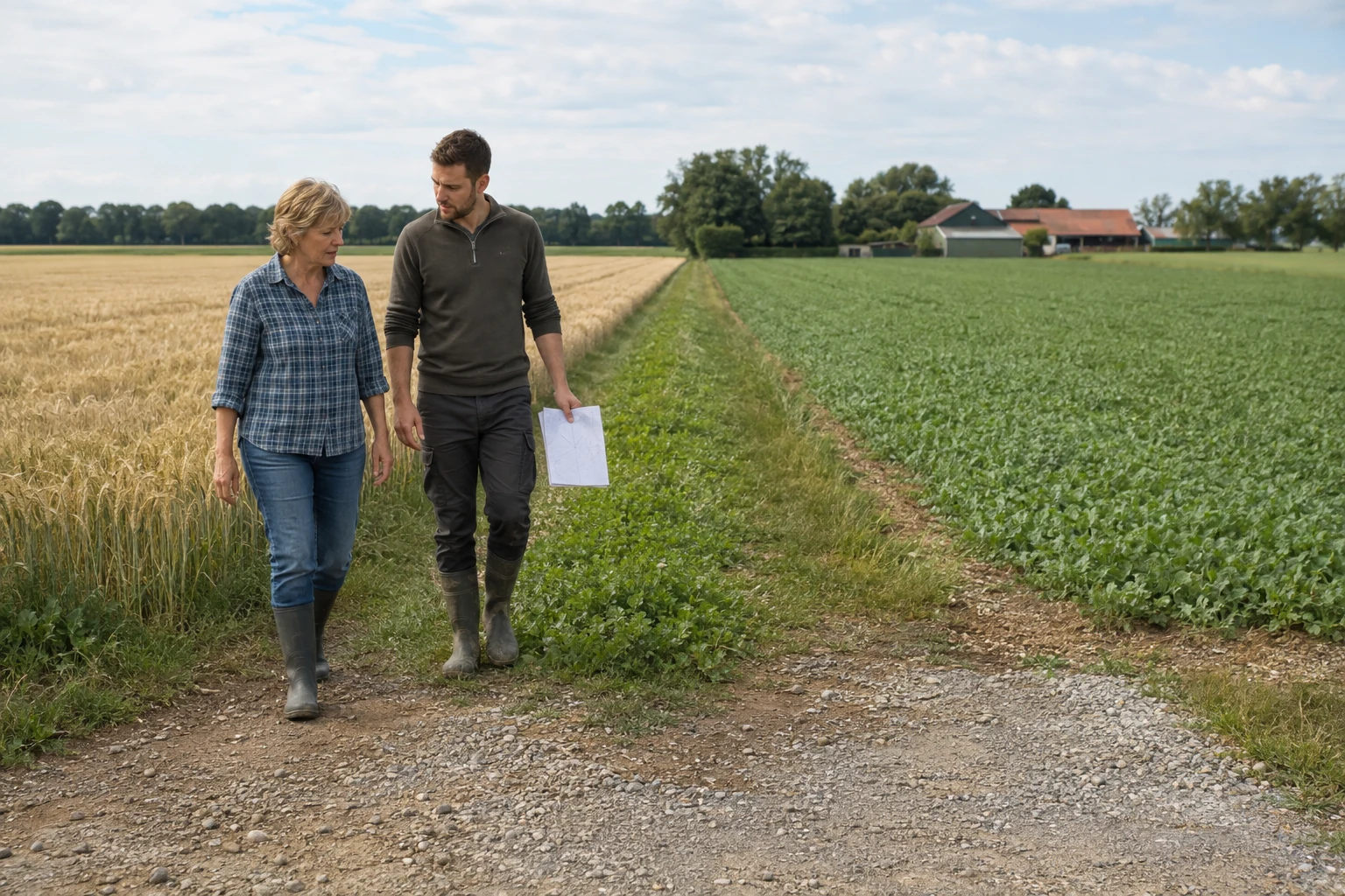 Landwirtin und Sohn betrachten einen schmalen landwirtschaftlichen Flächenstreifen